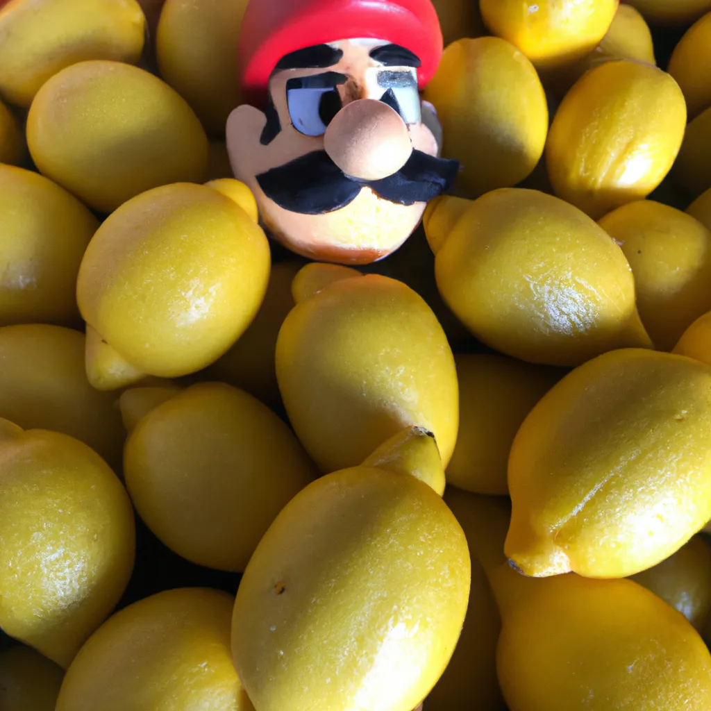 Prompt: Super Mario lying in a pile of lemons