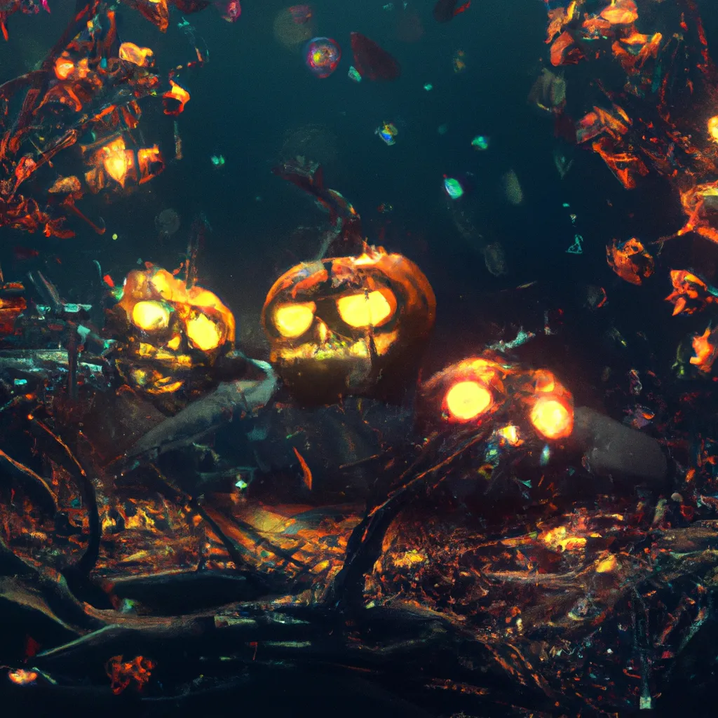 Prompt: zombies, rotting teeth, Jack-o’-lanterns floating in cursed land, dark ominous, gloomy atmosphere, eery, glowing orange leaves, smokes, particles, bokeh effect, painted by digital artist, illustration art, crisp details, concept art, 8k, Unreal Engine 5, fairy lights  in the distance, dramatic lighting, digital painting, trending on art station,  
 