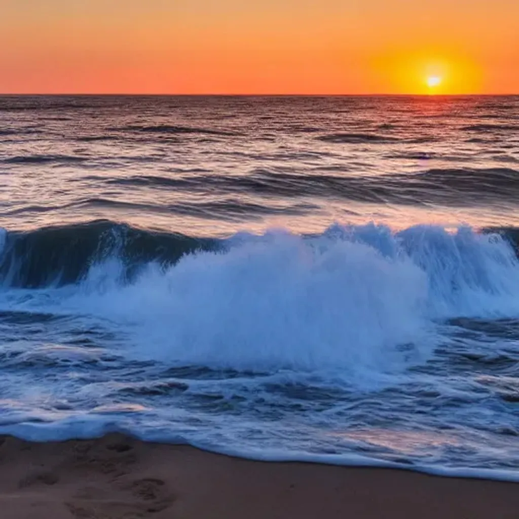 Prompt: Baltic sea at sunset with a wave crashing at the beach