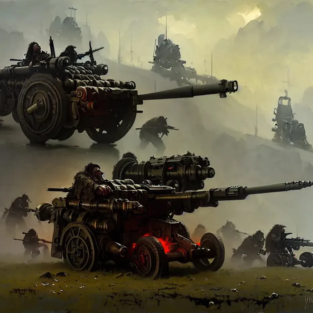 Prompt: orcs and trolls dieselpunk artillery, 4k, dieselpunk, guns, cannons, barrells, digital art, concept art, art by Jakub Rozalski