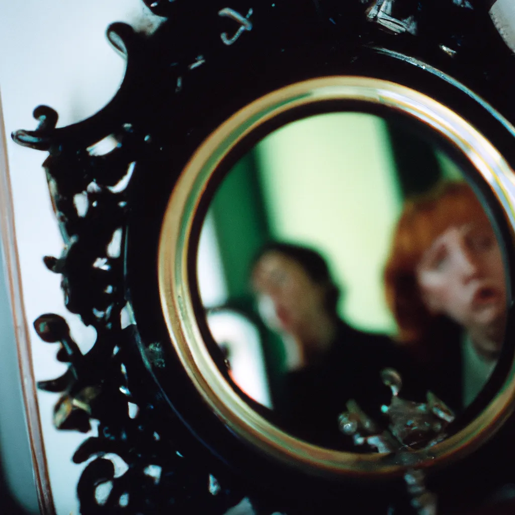 Prompt: 35mm photograph of anguished faces reflected in an antique mirror