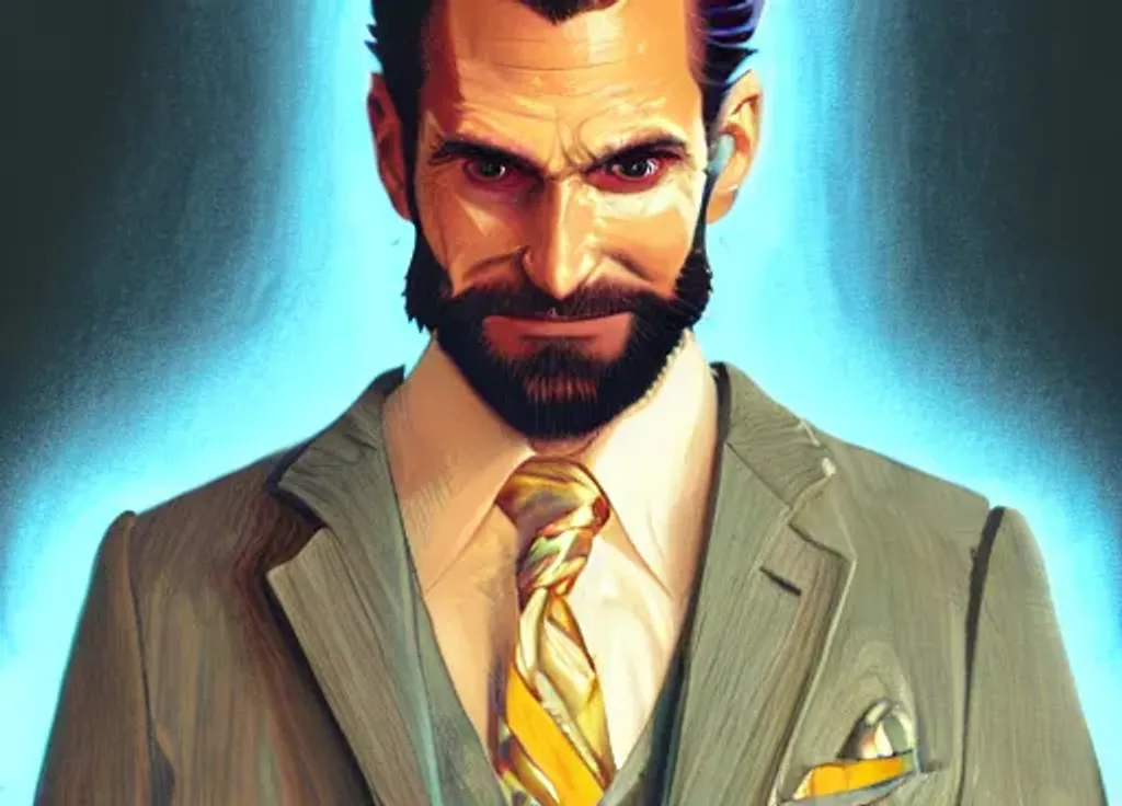 Prompt: Portrait of a man(like Patrick Bateman) With Big Dreamy Black eyes, Manga wide eyes, Beautiful Smooth Skin, Blue Suit, beautiful Intricate Beard, Symmetrical, Soft Lighting, Smiling , detailed face, by leiji matsumoto, stanley artgerm lau, wlop, rossdraws, concept art, digital painting, looking into camera