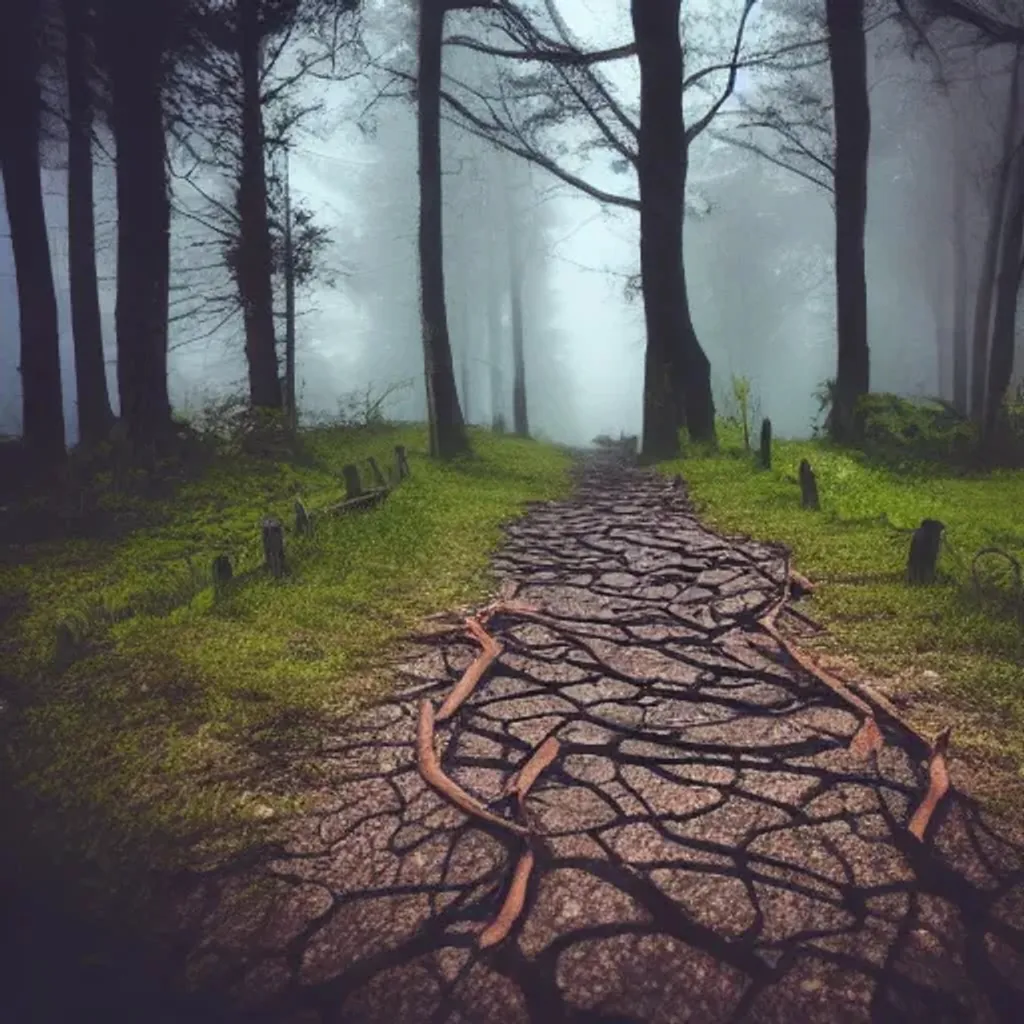 Prompt: stone path through forest, dead trees, broken fence, broken fence, creepy people, fog, garbage on ground