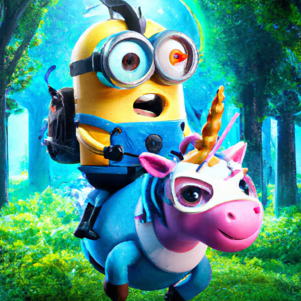 Prompt: Cute 4d Portrait of a Cute Minion Ninja, riding a unicorn at the forest, by Pixar and DreamWorks 