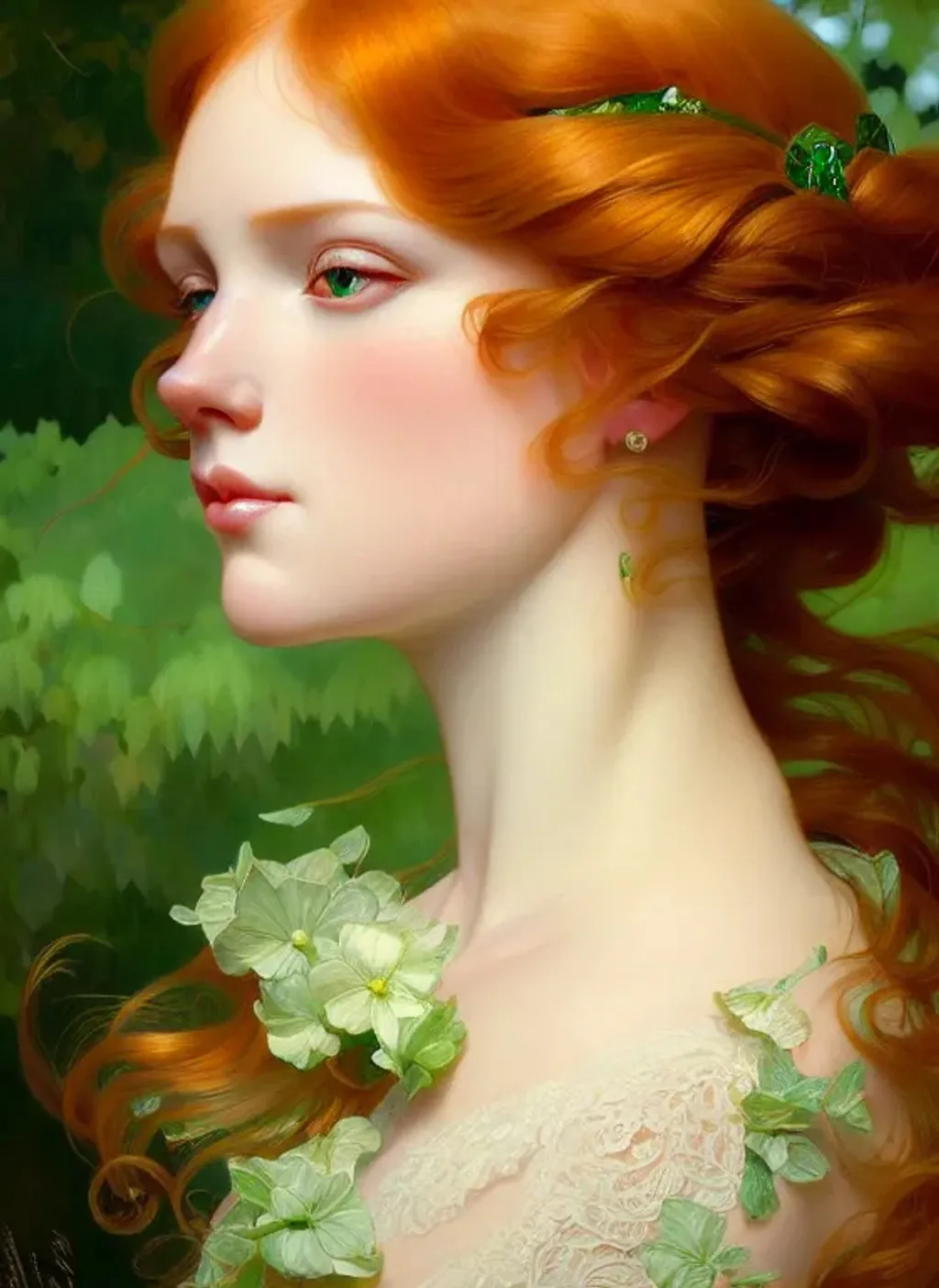 Prompt: portrait of a beautiful ginger, cute little nose, whispy curls, sparkling 
emerald green eyes, coy, flirty, lace, fantasy, highly detailed, realistic, digital painting, artstation, smooth, sharp focus, illustration, art by artgerm and greg rutkowski and alphonse mucha