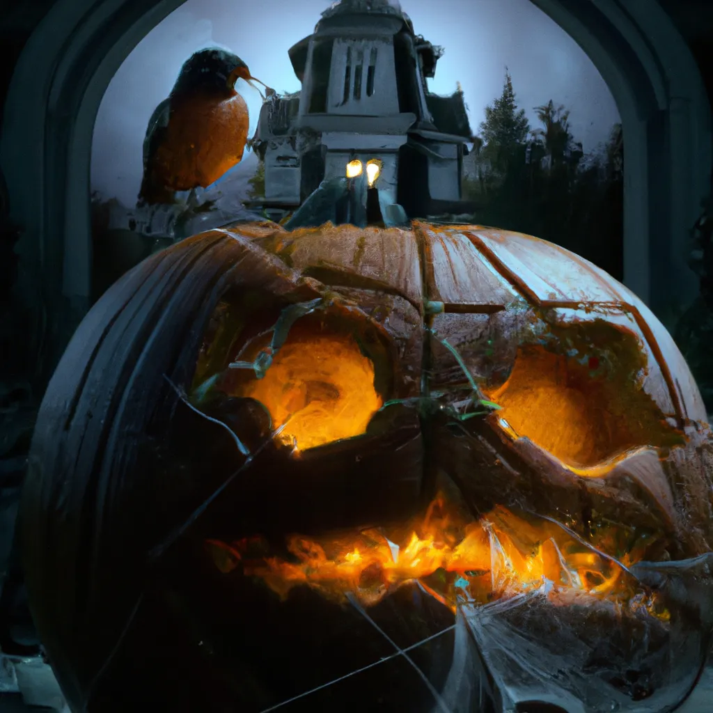 Prompt: ultra realistic photography of a halloween pumpkin head wit intricate details, in the entrance to a path to a haunted mansion, night, full moon, spiderwebs, crows, light inside the pumpkin, designed by Tim Burton, extremely details, high level of details, beautiful bokeh, pumpkin in focus, cinematic movie photography, rules of third, golden ratio composition, halloween mood, ultra realistic, zbrush, intricate textures, substance painter, award winning, trending on artstation