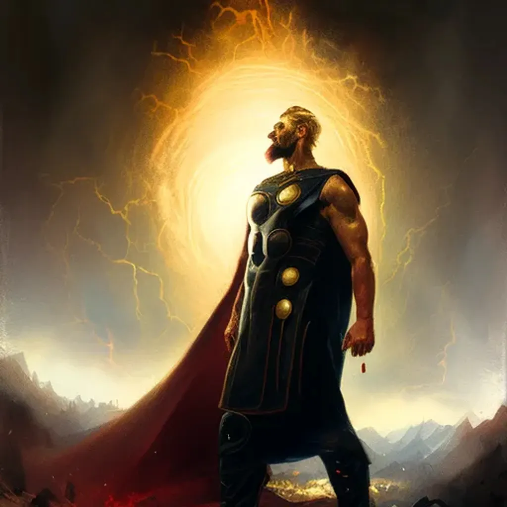 Prompt: thor standing in the dirt, by Aleksi Briclot, fantasy art, in dark robes with gold accents, god of thunder, portrait of homelander, portrait of the god of death, full portrait of electromancer, stålenhag, petros afshar speedart