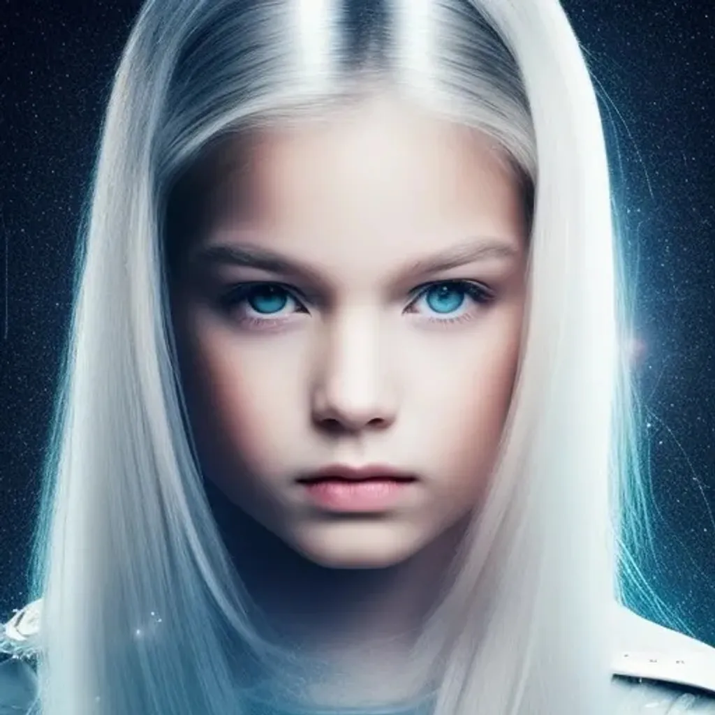 Prompt: cute beautiful child girl from another civilization and race, dressed in beautiful soft transparent silver clothing with geometric symbols, White eyes, white hair, white skin, closeup portrait with soft light bokeh, standing on the spaceship, beautiful intricate {soft hair}, anime wide blue eyes, natural color of lips, symmetrical face, soft lighting, {deep blue eyes with ultra details}, {deep blue eyes with light reflections}, A very small mouth, a kind smile, a sparkle in the eyes, {{{ultra high blue eyes render details}}}, ultra-realistic, {smooth soft skin}, sharp eyes, cute smile, {eyes with reflection}, bright soft light from the behind, {5 fingers with ultra high details and render quality}, Multidimensional reality, parallel world