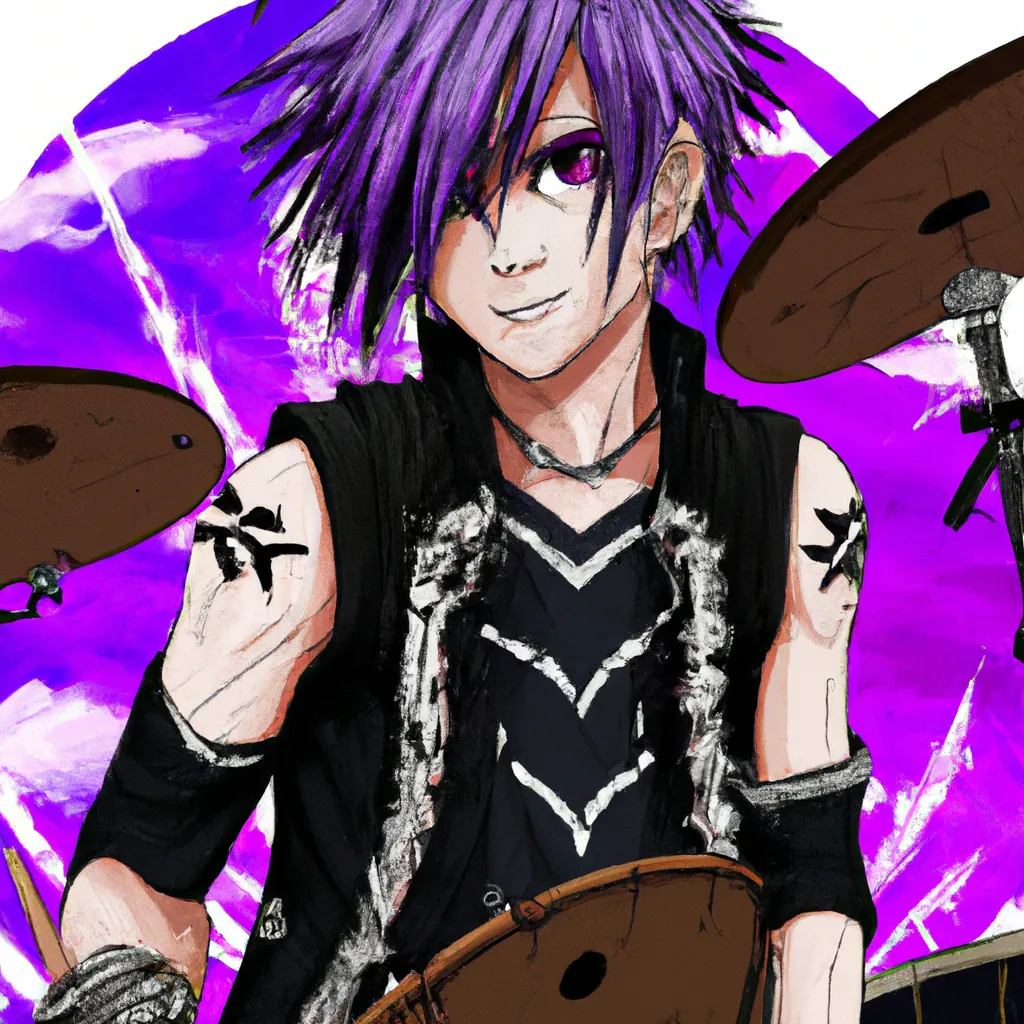 Prompt: anime boy, short undercut purple/black hair, tan skin, hazel eyes, rocker, rock music, attractive, hot, popular drummer, playing the drums, edgy, tattoos, multiple piercings, popular online, kyoto animation, animation, anime, animated, 2010s anime, key visual, main character, character design, character concept, Free! anime, saturated colors, high quality, 8k, A3!, B Project, Given anime, Otame games, manhua, manhwa, perfect composition, beautiful detailed intricate insanely detailed octane render trending on artstation, 8 k artistic photography, photorealistic concept art, soft natural volumetric cinematic perfect light, chiaroscuro, award - winning photograph, masterpiece, oil on canvas, raphael, caravaggio, greg rutkowski, beeple, beksinski, giger