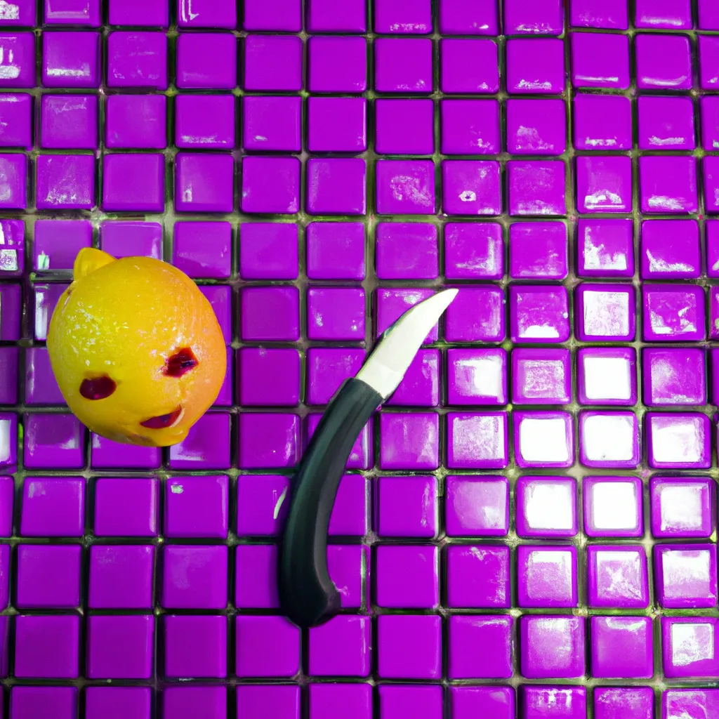 Prompt: a chibi lemon with face and knife. red water puddles the floor. Rule of thirds. very sharp, photography. in a corner of a violet, harmonious, geometric, symmetrical, very square mosaic tiled room. Perfect bright Lighting. illuminated by Three-point lighting