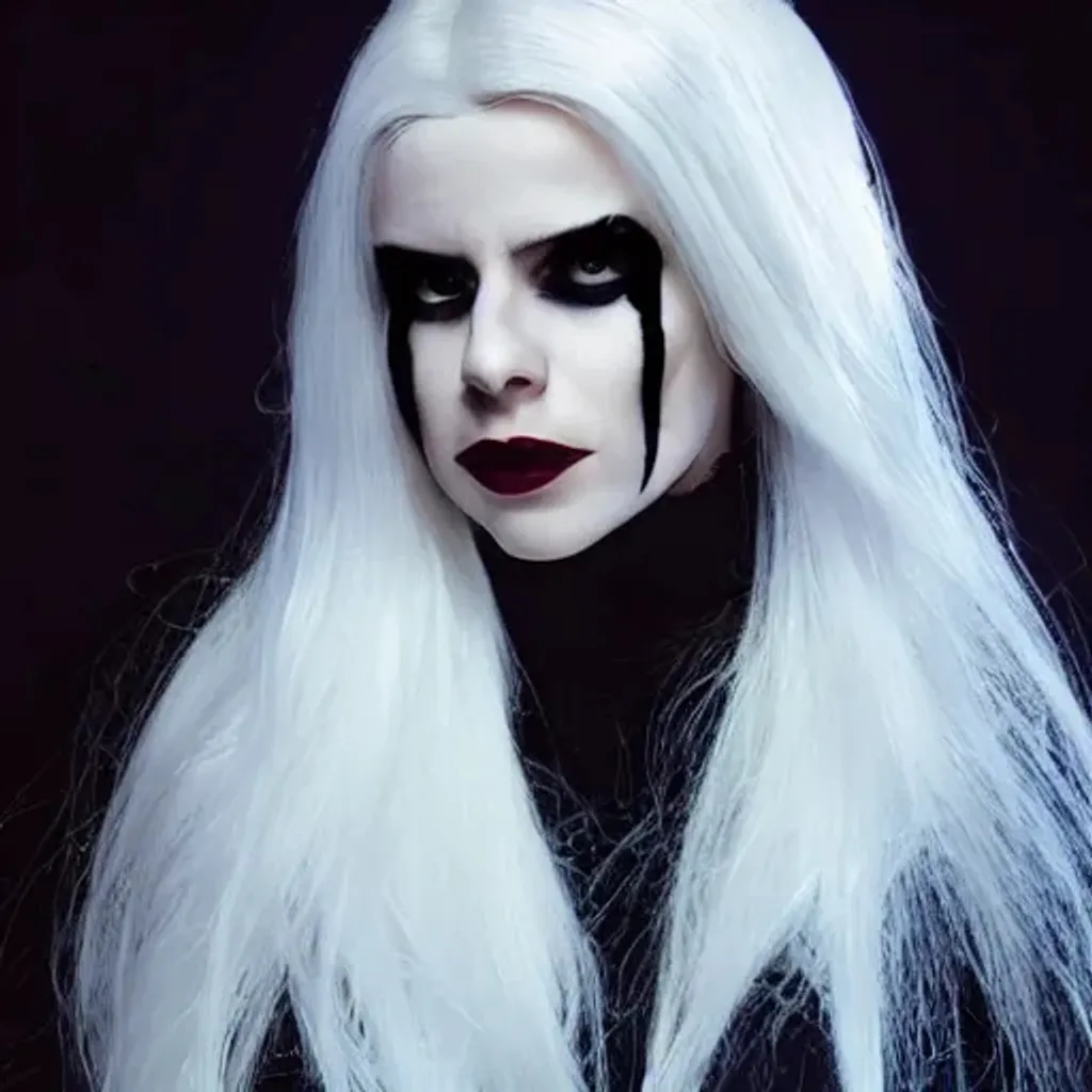 Prompt: selene from underworld with long white hair; showing vampire teeth