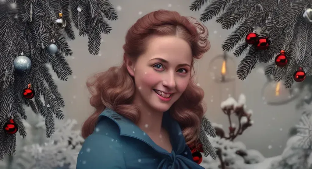 Prompt: young woman, attractive, elegant, confident, optimistic, smiling, indigo pine red fulvous silver photorealistic beautiful big eyes, heavenly look, highly detailed modern Christmas style clothing, fine skin details, by Theodor von Holst, Edwin Landseer, Winter, snowflakes, poinsettia,  Vintage photograph, portrait painting, global illumination, occlusion, volumetric lighting, volumetric mist, sharp focus, 128K UHD Poser, octane 