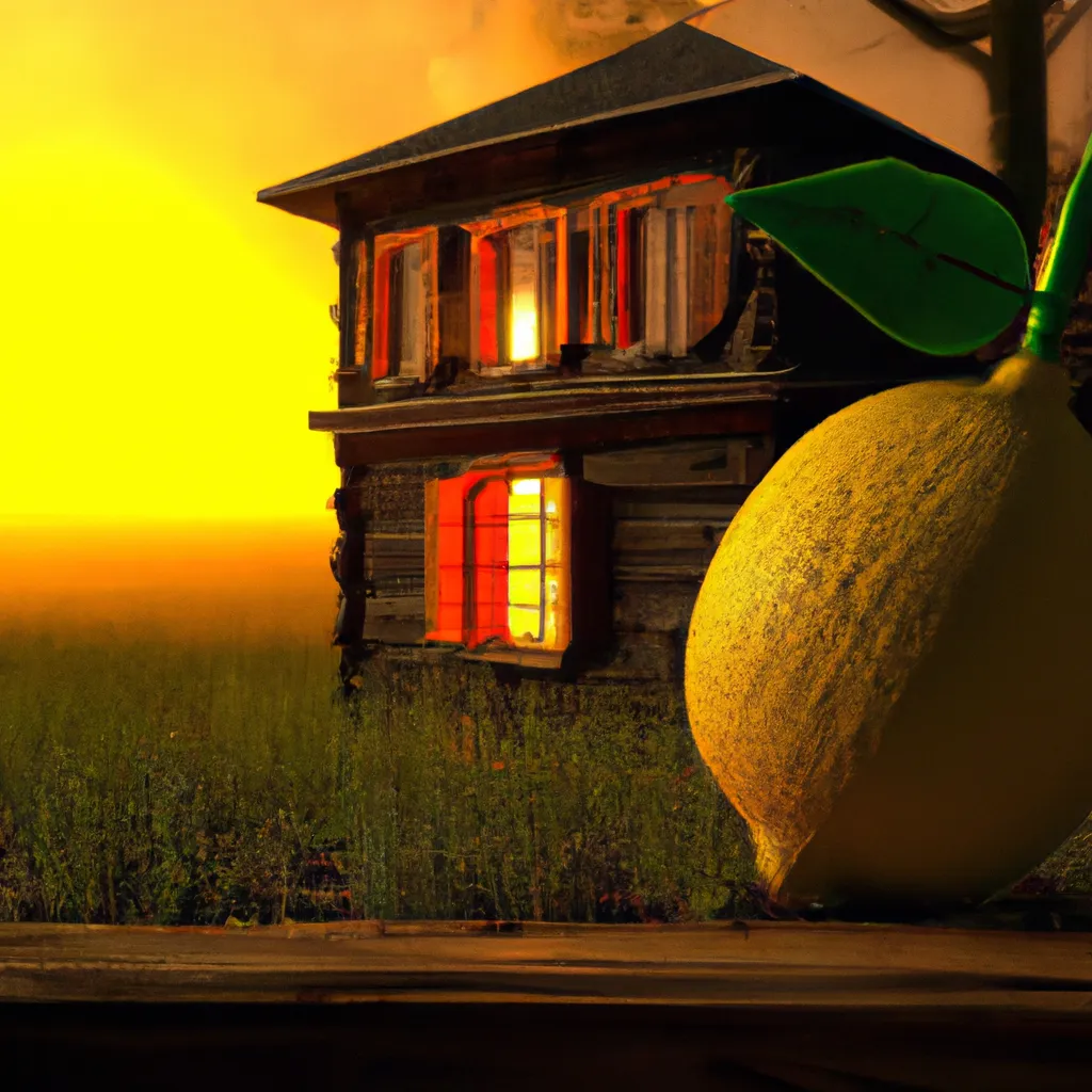 Prompt: A lemon in front of a wooden house, 3D graphics, award winning photo, evening sunset, High quality 4K wallpaper