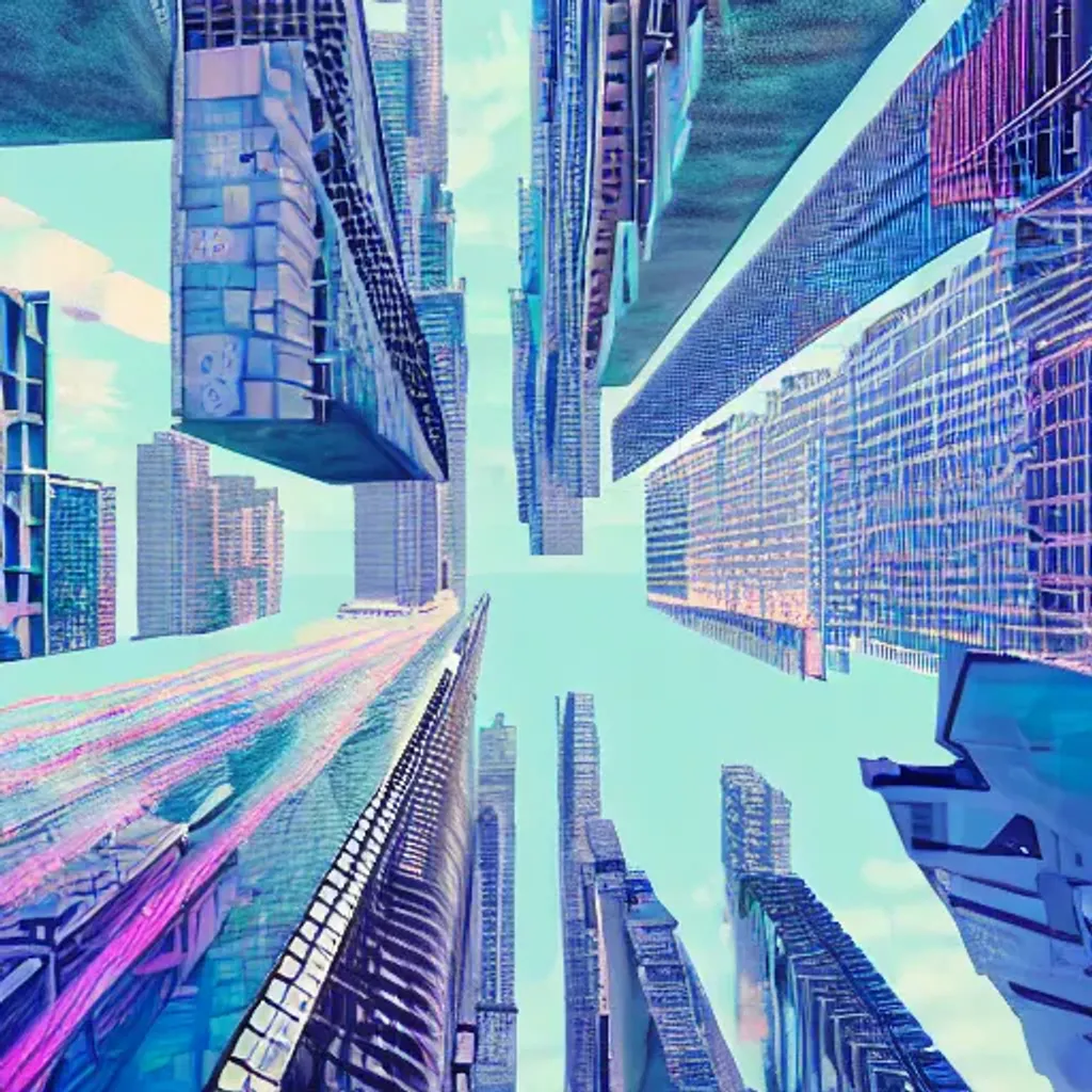 Prompt: city vaporwave realistic 3D low angle shot collage