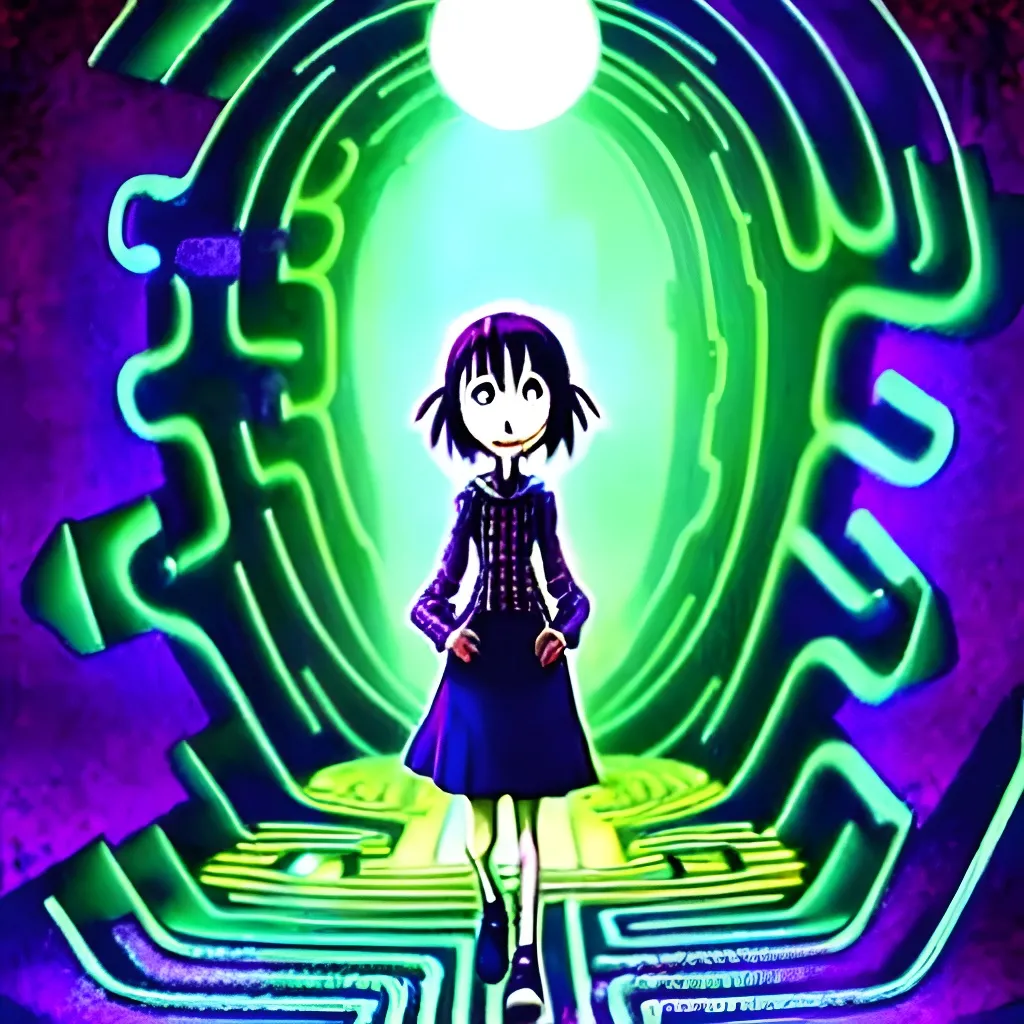 Prompt: Lain, anime. Ultra realistic hyper realistic octane render digital airbrush Studio ghibli poster of a smart and happy middle aged artificial intelligence artist woman walking trough a Circuit board labyrinth maze laboratory in the style of Coraline and Corpse Bride and Don't Starve. 

Multidimensional dreamy poetic emotional illusion by Sho Murase, Anna Dittmann, Bernie Wrightson, Tom Bagshaw and tim Burton. slightly inspired by eyvind earle and Alice in wonderland. 

Programming code. Network. Neural network. Technology. Easel. Paint. Space, friendship, blessings,  strength, stars, Constellations. Druid. Lillies. Trees. Soft digital. Symmetry.  Symmetrical. Balanced. 