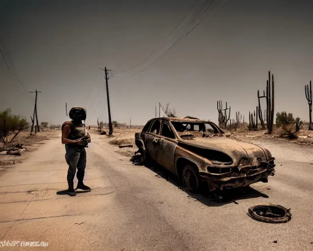 Prompt: Dystopian Wasteland, dilapidated buildings, a couple wearing gas masks, cracked roads, potholes, hazy sky, dry desert like conditions, dead plants and trees, rodents,, broken down vehicles , by Frank Frazetta, Dramatic, Ultra-Wide Angle, 8K, Sunlight, Soft Lighting, Shadows, Charred, Sidewalk, Road, Gas, Explosion