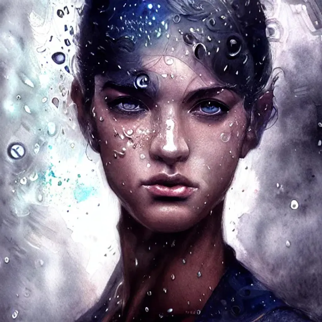 Prompt:  sci-fi character portrait, athletic, fit, focus on face, style, rain, flat light, ultra photo-realistic, intricate, watercolor on paper, masterpiece, expert, insanely detailed, 4k resolution, john William warehouse, Charlie Bowater, Agnes Cecile, Mucha, Gabriel Ferrier, composition, framing