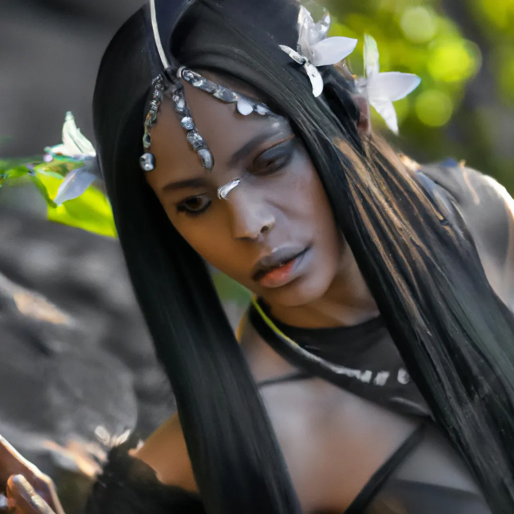 Prompt: a fantasy girl elf sorceress with charcoal black skin. cosplay.