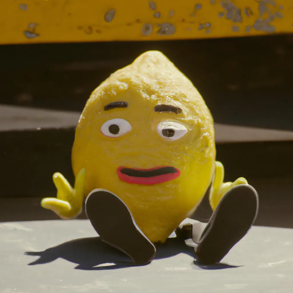 Prompt: film still of a cute lemon character, from sesame street