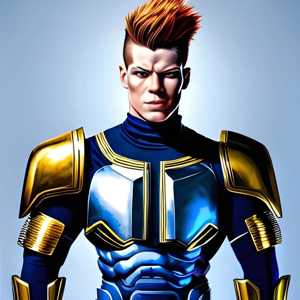 Prompt: Highly detailed realistic full body portrait of a young bulky muscular masculine tall futuristic male space soldier, gauntlets, pauldrons, plated, ginger pompadour undercut, smirking, focus on face, uniform, digital art, highly detailed, Greg Rutkovski