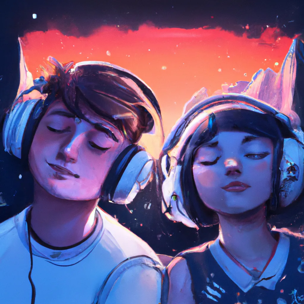 Prompt: a boy and a girl listening to music, digital art 