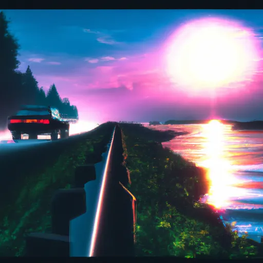 Prompt: photo in the synthwave style, in which a car is driving along a road next to a river and the sun is reflected on it, unreal engine.