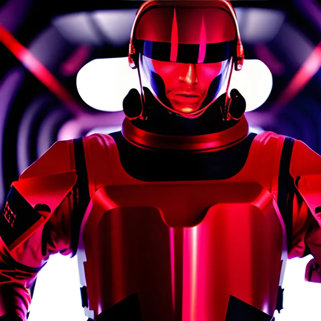 Prompt: Moody Portrait of a red Futuristic Cyberpunk Space Suit with an athletic masculine body,facing towards the camera with swagger,Cinematic Stanley Kubrick movie still, 8K, digital art, unreal engine 5 render, octane render, photorealistic, photography, professional lighting and composition, award winning, intricate details, iconic movie shot by Stanley Kubrick with ring lights