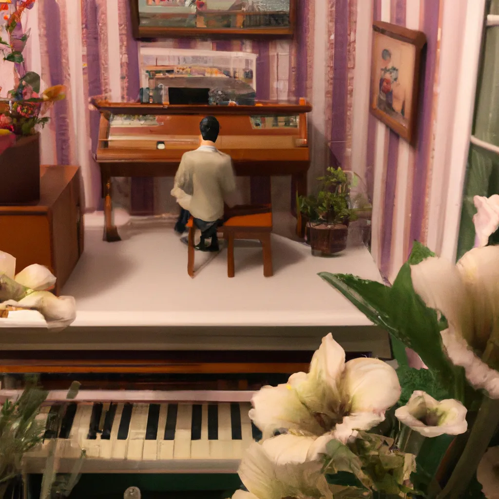 Prompt: Bee pollinating a beautiful flower scene | through the lens | man playing a piano  | living room | pulp fiction diorama | dimly lit interior | Mark Ryden 