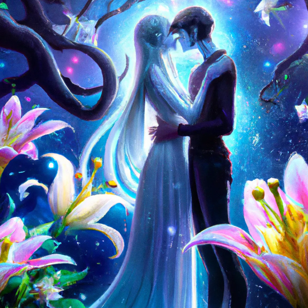 Prompt: Desires and love, Passionate Kissing and embrace, nature spirit. Space, friendship, femininity, strength, healing, ecology, flowers, Constellations. Lillies. Roses. Fantasy. Forest. Trees. emotional,  bokeh, matte painting, digital art, digital airbrush by Anna Dittmann, preston blair, Tom Bagshaw, patrick nagel, eyvind earle. Clear art.