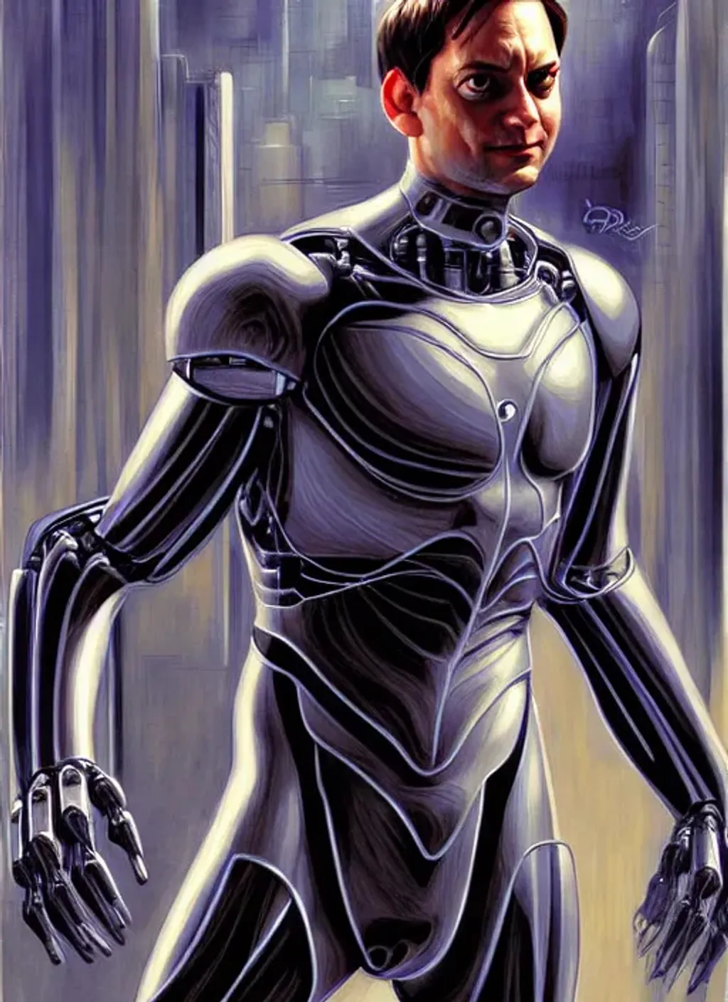 Prompt: Tobey Maguire Cyborg, by Dave Dorman