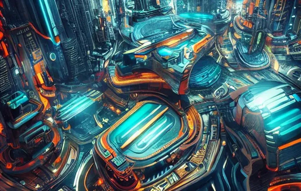 Prompt: A futuristic Modern city constructed around a huge time machine, black and orange and teal colours, Artstation, Glamor Shot, Super-Resolution, Cinematic Lighting, insanely detailed and intricate, hypermaximalist, elegant, ornate, hyper realistic, super detailed