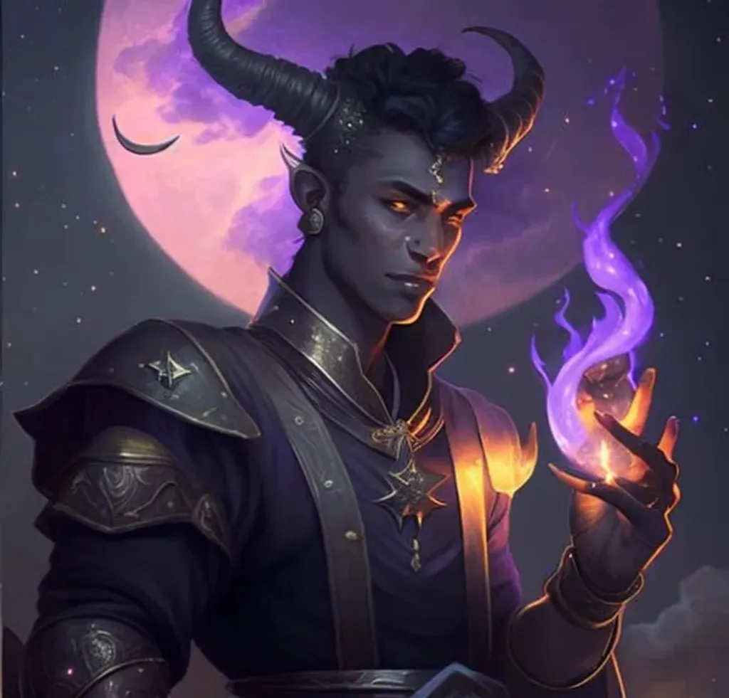 Prompt: Male handsome tiefling twilight cleric, dark purple skin, silver and gold tattoos, silver and gold jewelry, dragon horns, smoking, magical fire on one hand, starry night sky with full moon in background, ultra realistic, 4k, cinematic lighting, full body view