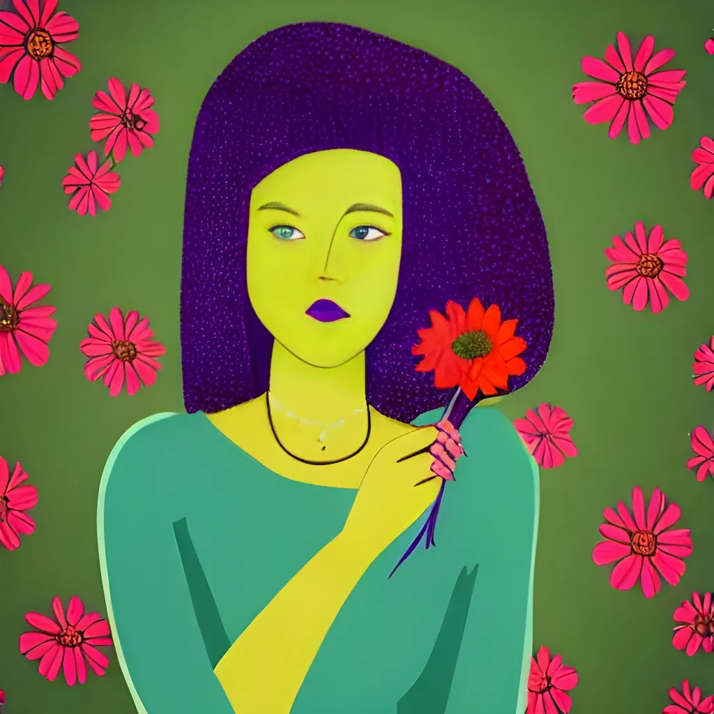 Prompt: Woman, green dress, purple hair, yellow skin, holding red flowers.