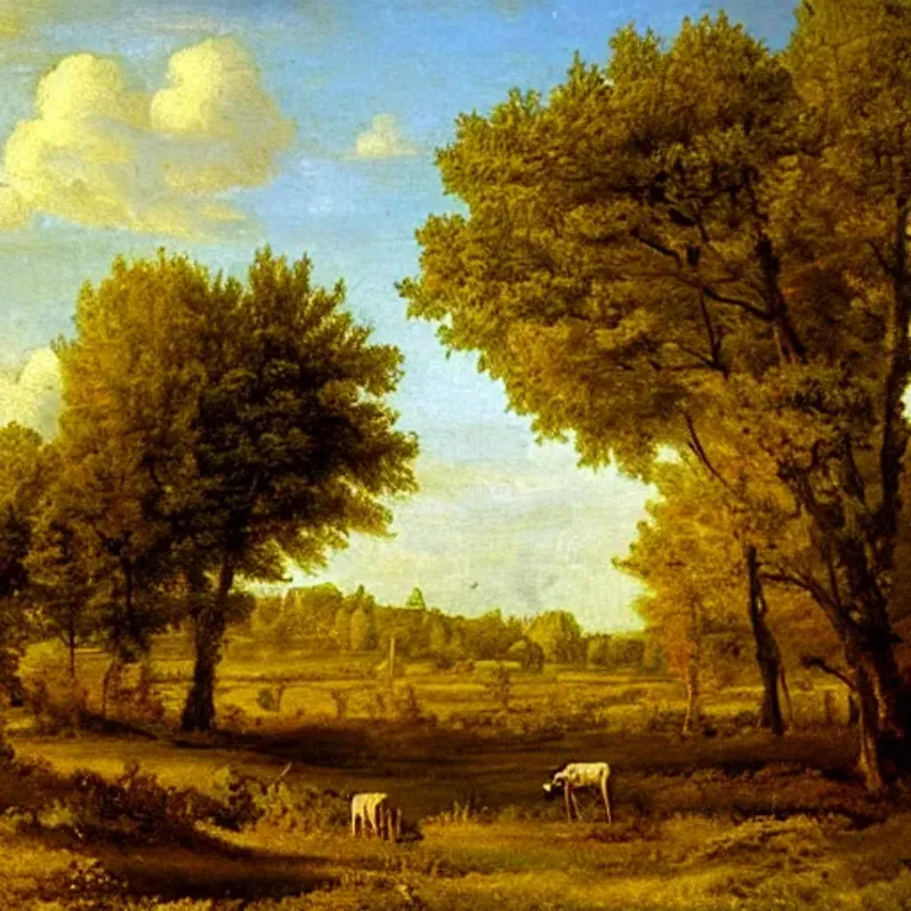 Prompt: Pastoral landscape oil painting, beautiful, calm, sunny, very detailed, masterpiece, by Henry John Yeend King, by Claude Lorrain, by William Louis Sonntag