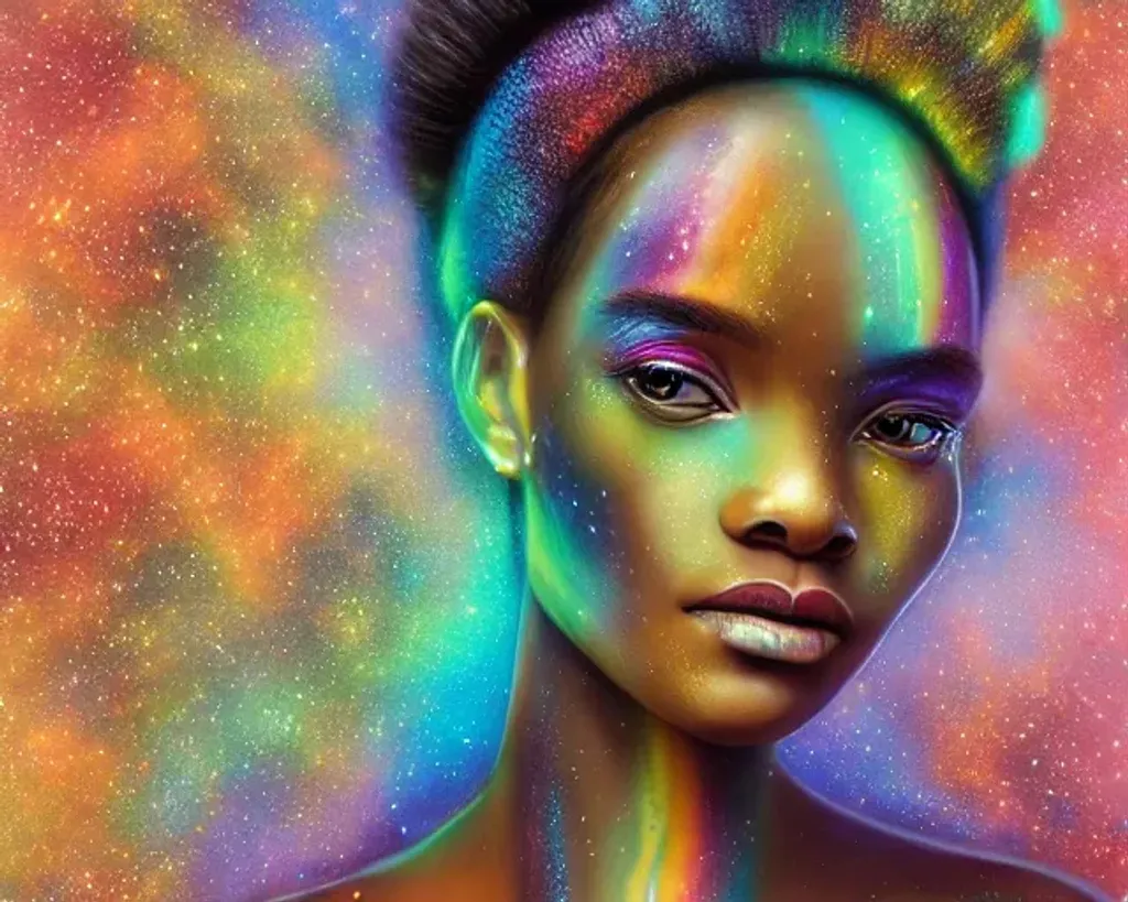 Prompt: centered portrait, young adorable african goddess, ultra-detailed fractal piezoluminescence makeup, detailed rainbow galaxy background, ancient colors, muted colors, soft colors, sharp focus, intricate details, highly detailed, by Anna Dittmann, Gerhard Richter, Rubens, Larry Bud Melman
