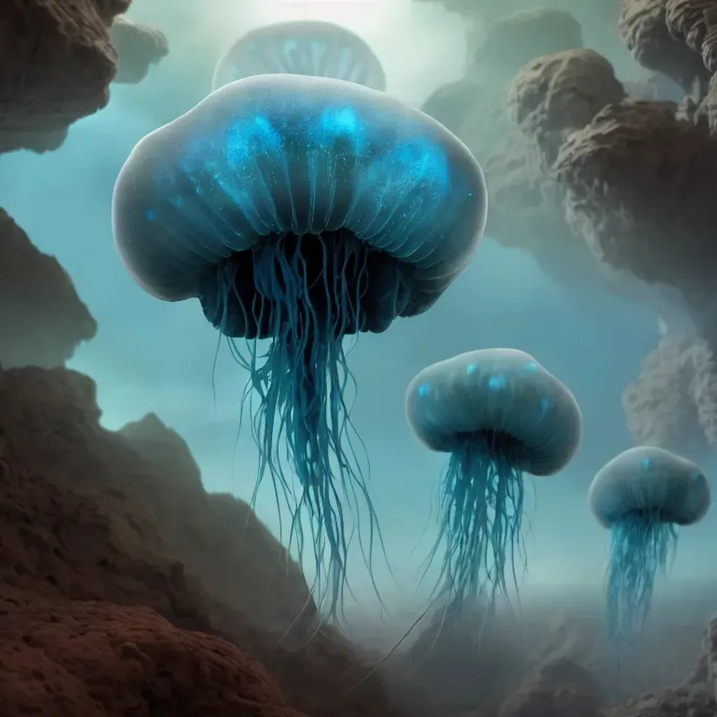 Prompt: Matte painting of blue alien jellyfish-like creatures immerging from the Mars landscape, very intricate details, perfect composition, beautiful, intricate, created in unreal engine, insanely detailed octane render, trending on artstation, 16K artistic photography, studio photograph, photorealistic concept art, soft natural volumetric cinematic perfect light, chiaroscuro, award-winning photograph, masterpiece, Raphael, Caravaggio, Greg Rutkowski, Beeple, Beksinski, H.R. Giger