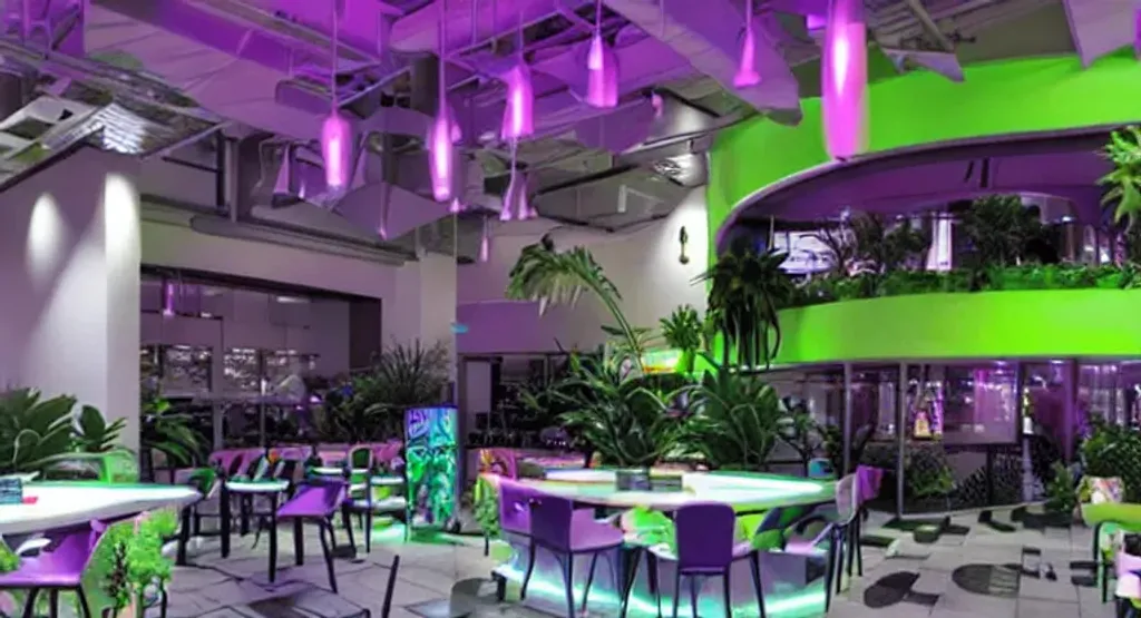 Prompt: retro 80's vaporwave aesthetic mall foodcourt with black and white tiles, green and purple neon lights, a central fountain, palm trees, deciduous trees, and restaurant seating, ultra detailed, fuji film, nostalgic aesthetic