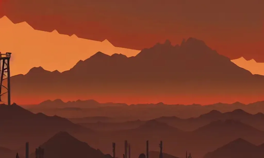 Prompt: Fallout_New_Vegas, Fallout_4 | Apocalyptic | Vegas | Multiple layers of silhouette Nevada desert, sharp edges, at sunset, with heavy fog in air, vector style, horizon silhouette Landscape wallpaper by Alena Aenami, firewatch game style, vector style background