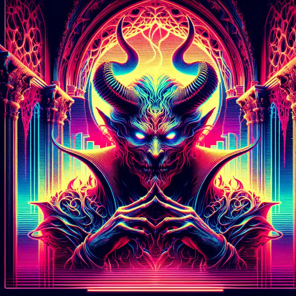 Prompt: Beautiful demonic figure in a gothic vaporwave setting, neon lights casting a dramatic glow, retro aesthetic, high definition, dramatic lighting, demonic, high quality, liminal, vivid colors, detailed features, atmospheric, haunting vibe, surreal, retro-futuristic, intense gaze, otherworldly, dark and unsettling, eerie