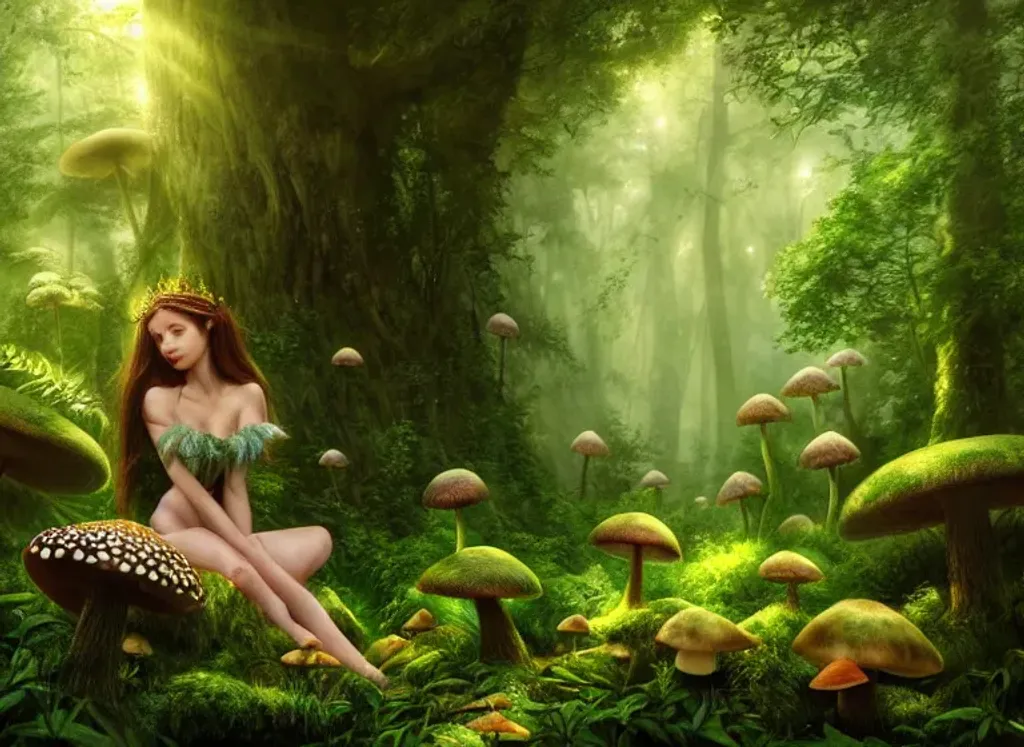 Prompt: Wide angle photograph of a Forest, beautiful queen of fairies sitting on a mushroom, highly detailed, frolicking animals playing, sun rays through a mist, lush green plants, realistic, photorealistic, style by Howard David Johnson, Greg Rutkowski, artgerm, seen on artstation