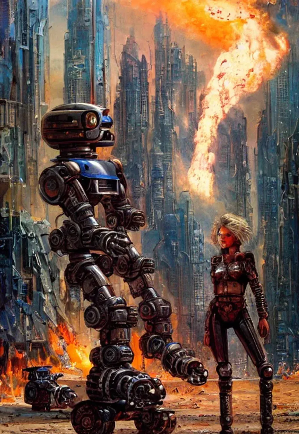 Prompt: a robot escaping from a sci-fi post-apocalyptic doomsday, fire, lightning, portrait by Enki Bilal and John Berkey, retro-future, medium shot, sharp, detailed, high resolution, dramatic lighting, artstation, retro future, muted colors, depth of field, east_of_west_nick_dragotta, characters, by jean - baptiste monge