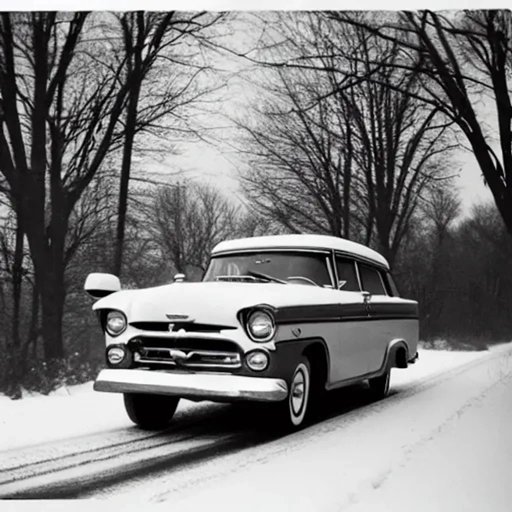 Prompt: photograph of a 50s Ford car with driver and family going by on a snow-covered road, winter scene in the country, kodak brownie, kodak tri-x b&w, intense detail, ultra realistic, photorealistic, volumetric lighting, black and white still, digital Art, perfect composition, beautiful detailed intricate insanely detailed octane render trending on artstation, 8 k artistic photography, photorealistic concept art, soft natural volumetric cinematic perfect light, chiaroscuro, award - winning photograph, masterpiece, oil on canvas, raphael, caravaggio, greg rutkowski, beeple, beksinski, giger