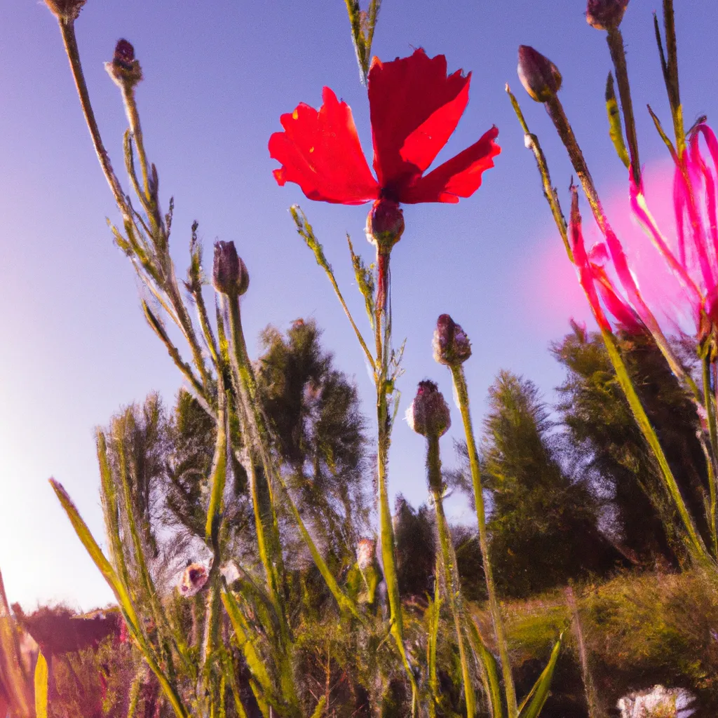 Prompt: A red flower in a field with blue flowers, Bokeh, Golden Hour, Camcorder Effect, Ultra-Wide Angle, Lens Flare, Colorful, Light Mode, Excited