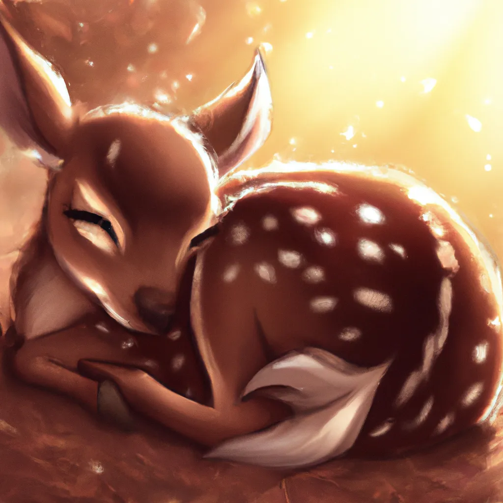 Prompt: cute fawn, sleeping, sunlight, chibi, digital art