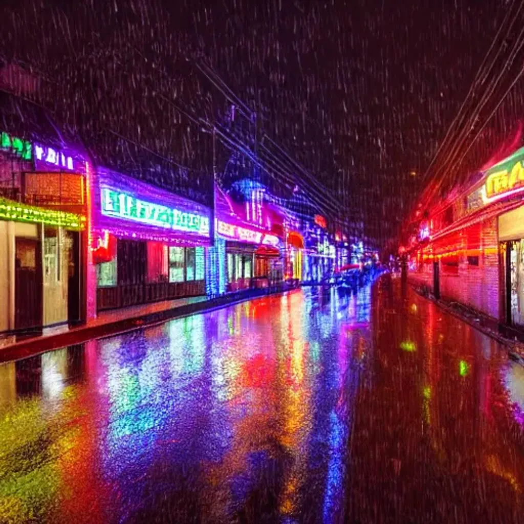 Prompt: Decandent suburbs of a 1900 city, in the rainy night of christmas, neon light in the street view