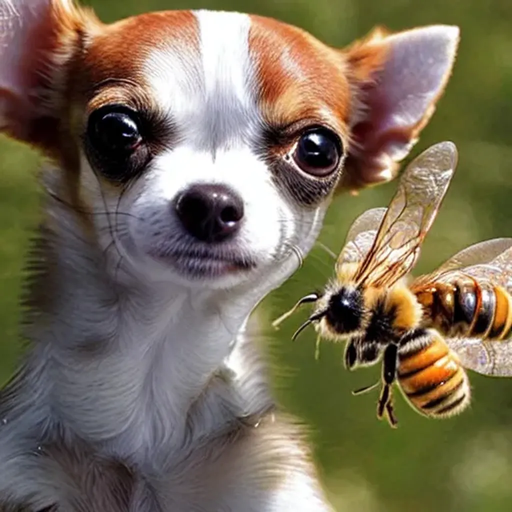 Prompt: chihuahua with bees flying