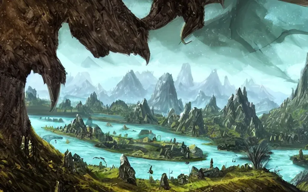 Prompt: landscape, video games, elder scrolls, morrowind, blades, swords, fantasy, dragons, mountains, fields, trees, retro, tall trees, river, water, color blue, color green, ariel view, blue sky, bright blue, bright green, battle, warriors, mages, wizards, witches, orcs, trolls, fantasy city in the distance, day time, bright, 80s dark fantasy film, 80s dark medieval film, 80s fantasy film, 80s medieval film, fantasy village, fantasy castle, fantasy stronghold, fantasy city, fantasy video game, townsfolk, dragons, tamriel, fantasy buildings, defined fantasy city, elder scrolls city, vvardenfell, volcano, red mountain