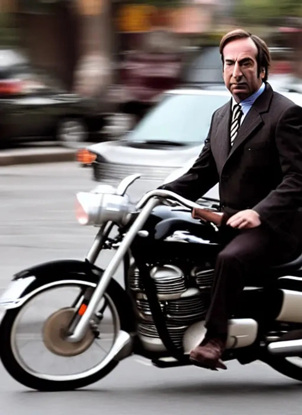 Prompt: Photograph of Saul Goodman riding a motorcycle on the streets in the 2010s