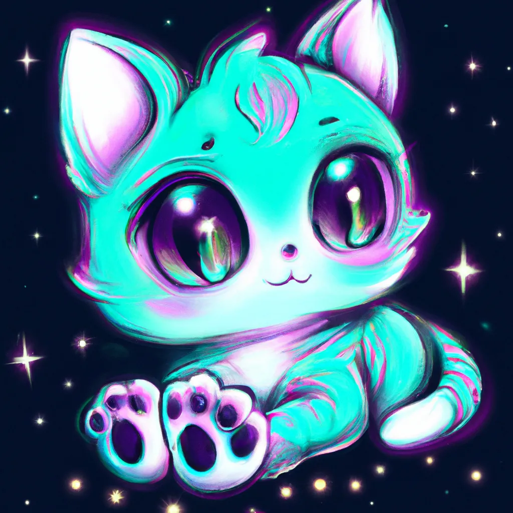 Prompt: Adorable magical kitten, fluffy, chibi, cute, neon colors, anime, digital art