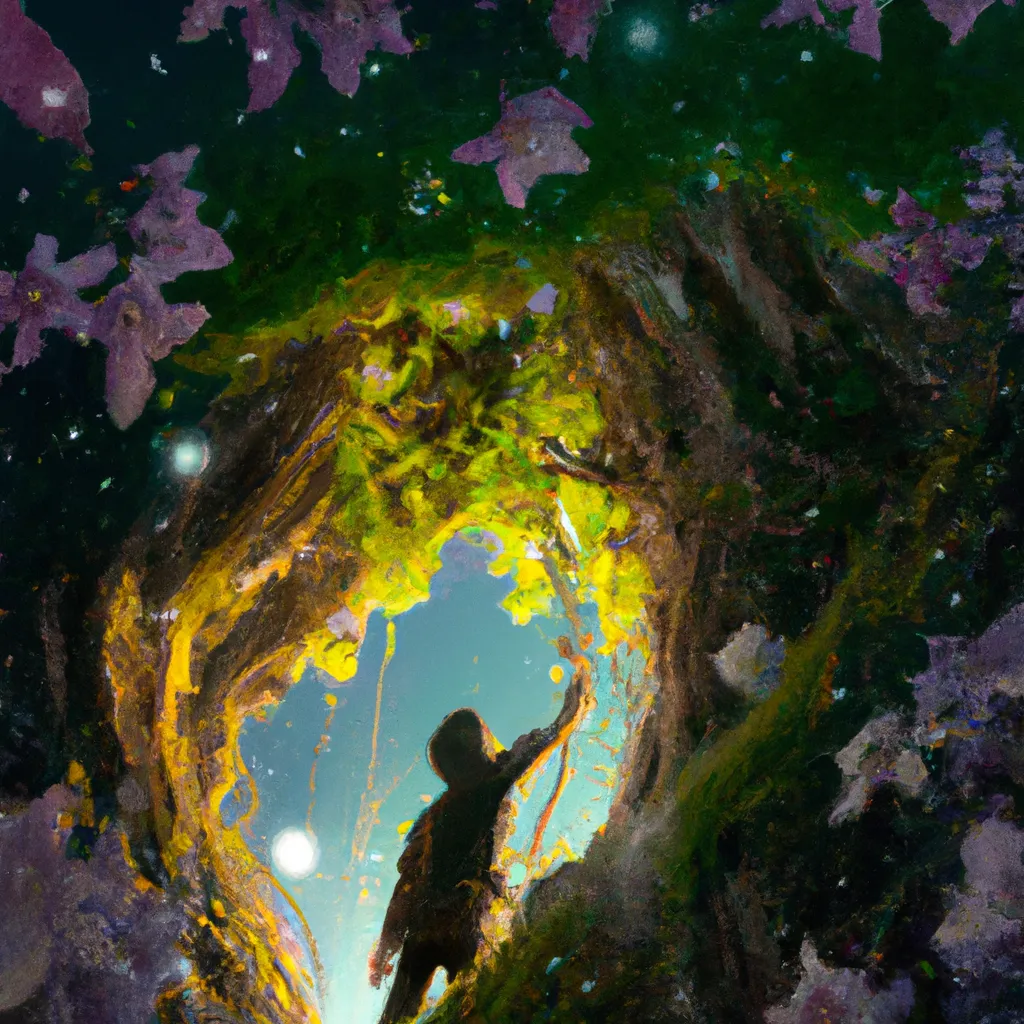 Prompt: a man comes across a large tree with flowers growing on it, he finds a portal to a new world, stars in the background, natural, ultra detail. digital painting, beautiful, concept art, ethereal, cinematic, epic, 8k, highly detail, insane detailed, oil painting, octane render, cinematic lighting, smooth, sharp, Artstation, mystical, illustration, Trending on Artstation, Artstation HQ, Artstation HD, deviant art, Pinterest